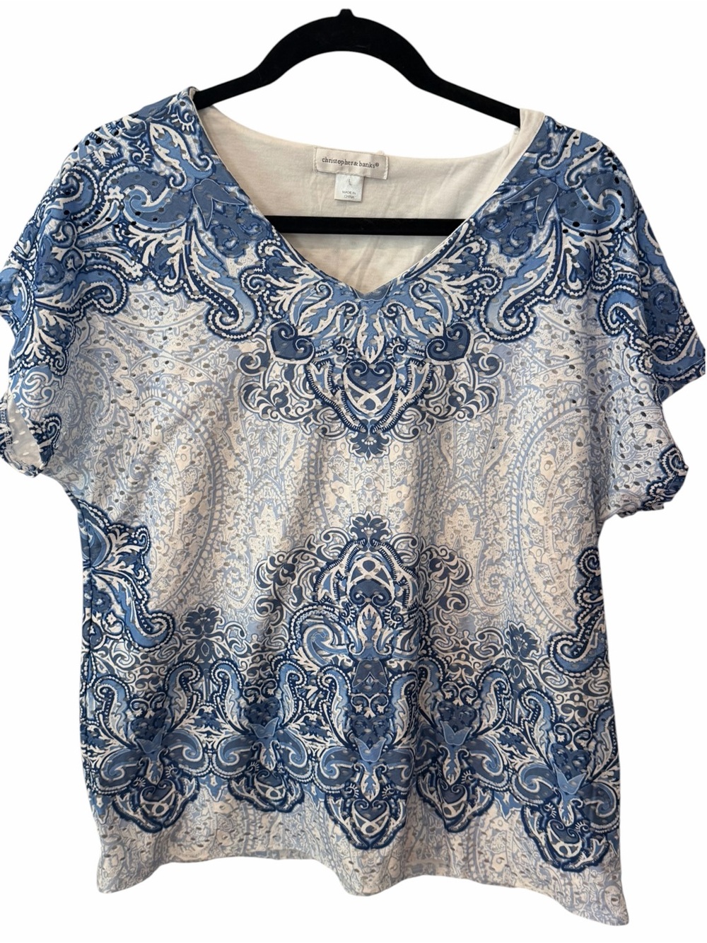 Christopher & Banks Blue Paisley V-Neck Short Sleeve Top Large
